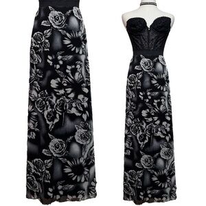 y2k Vintage Black White Dark Floral Rose Micro Mesh Lettuce Hem Skirt Small